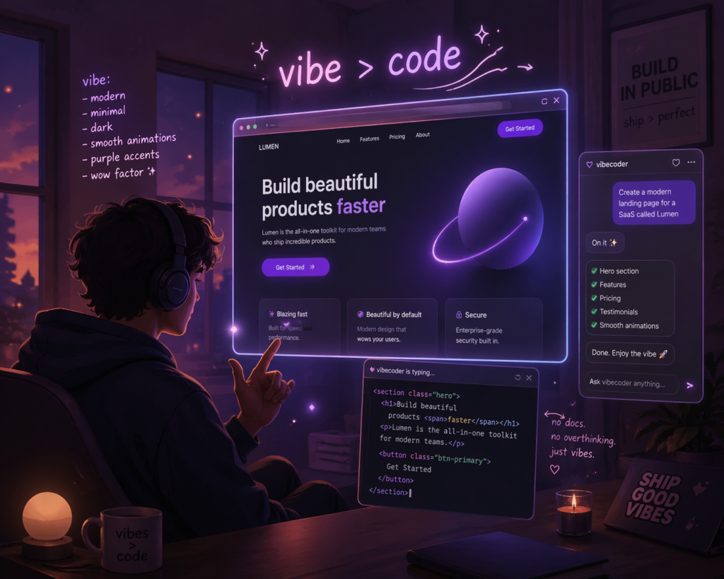 Illustratie van iemand die met AI een paarse website-interface ontwerpt in een donkere kamer