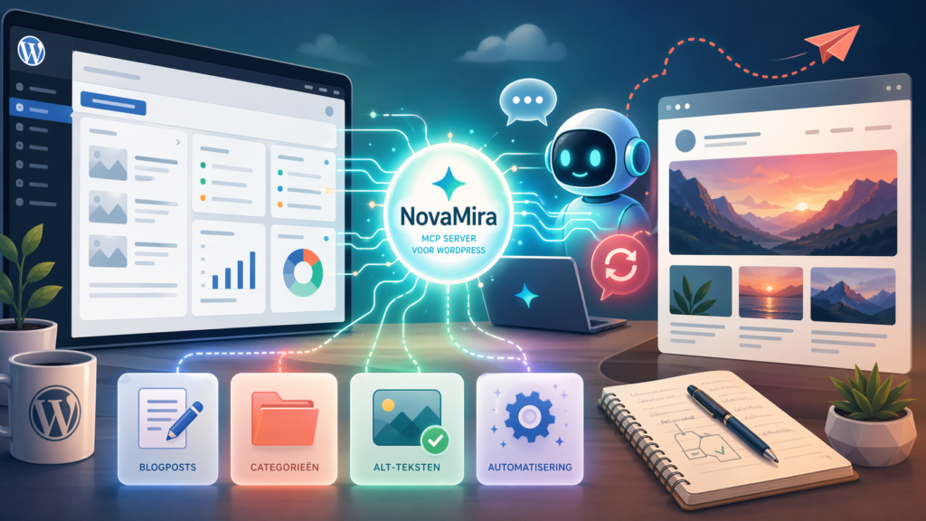 Illustratie van NovaMira als brug tussen WordPress, AI en MCP-workflows